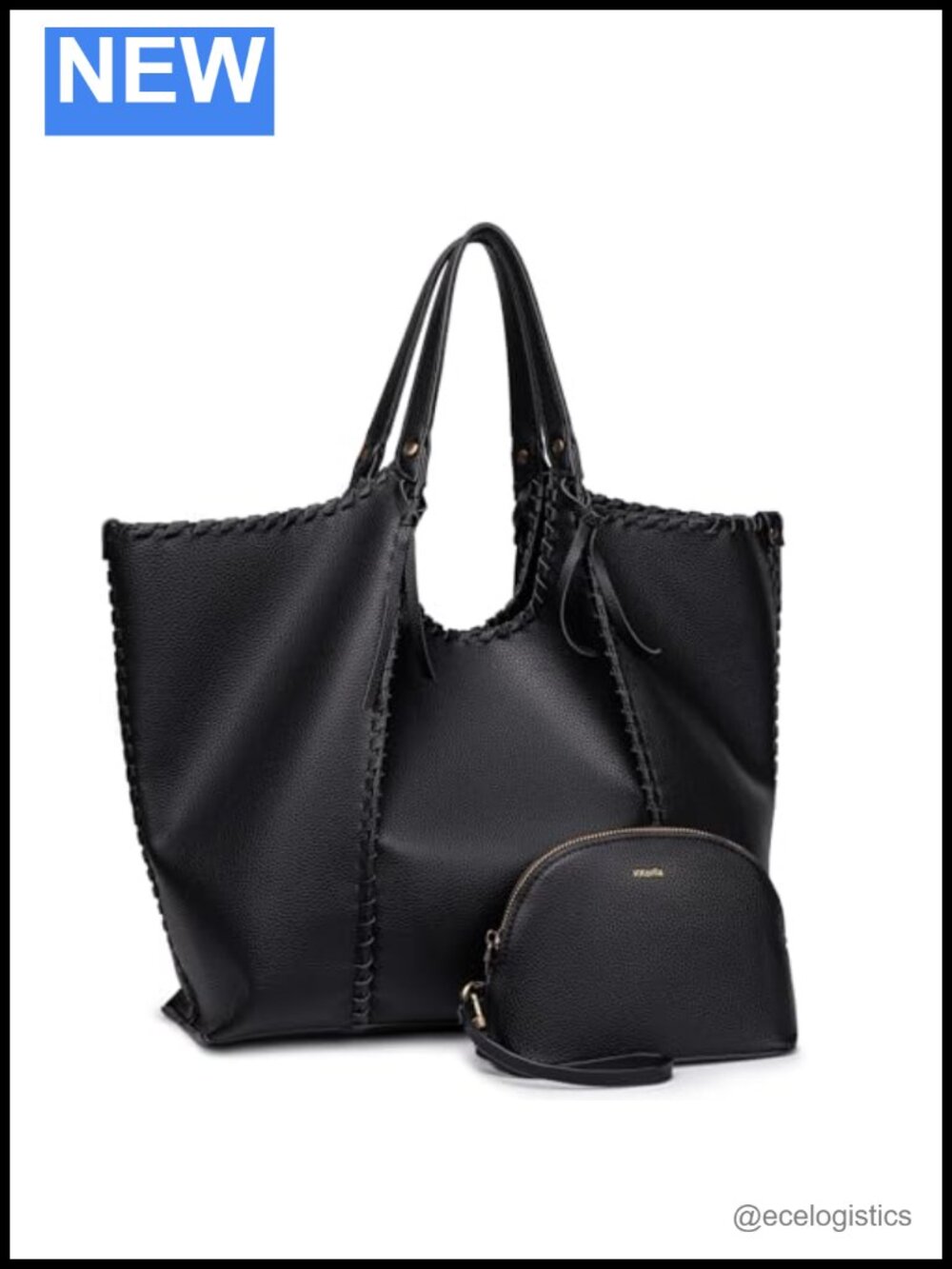 Oversize Vegan Leather Tote Bag with Magnetic Snaps, Detachable Clutch, Fits
